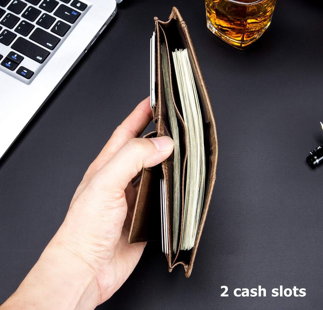 Men RFID Blocking Bifold Wallet Leather Card Holder with 15 Card Slots Coffee