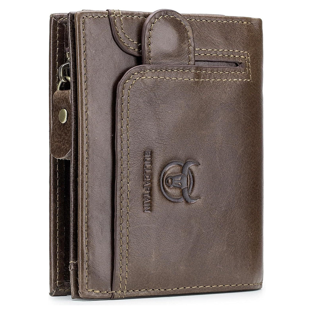 Men RFID Blocking Bifold Wallet Leather Card Holder with 15 Card Slots Coffee with Zipper