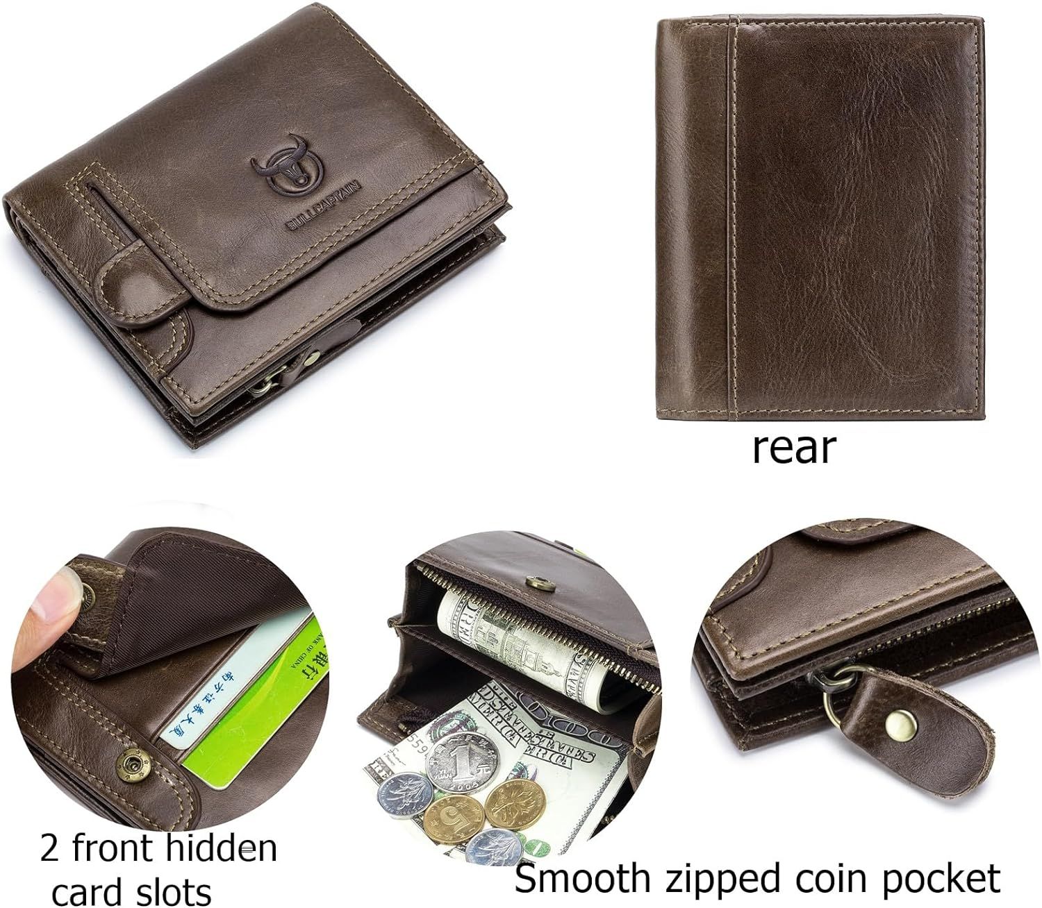 Men RFID Blocking Bifold Wallet Leather Card Holder with 15 Card Slots Coffee with Zipper