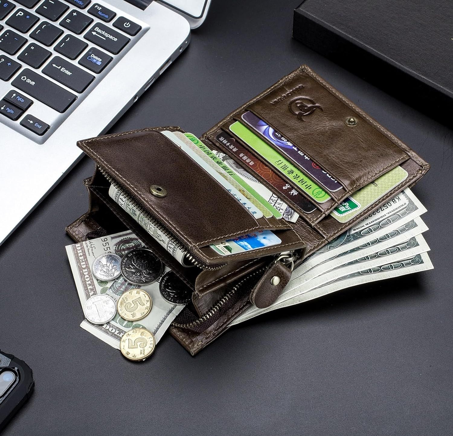 Men RFID Blocking Bifold Wallet Leather Card Holder with 15 Card Slots Coffee with Zipper