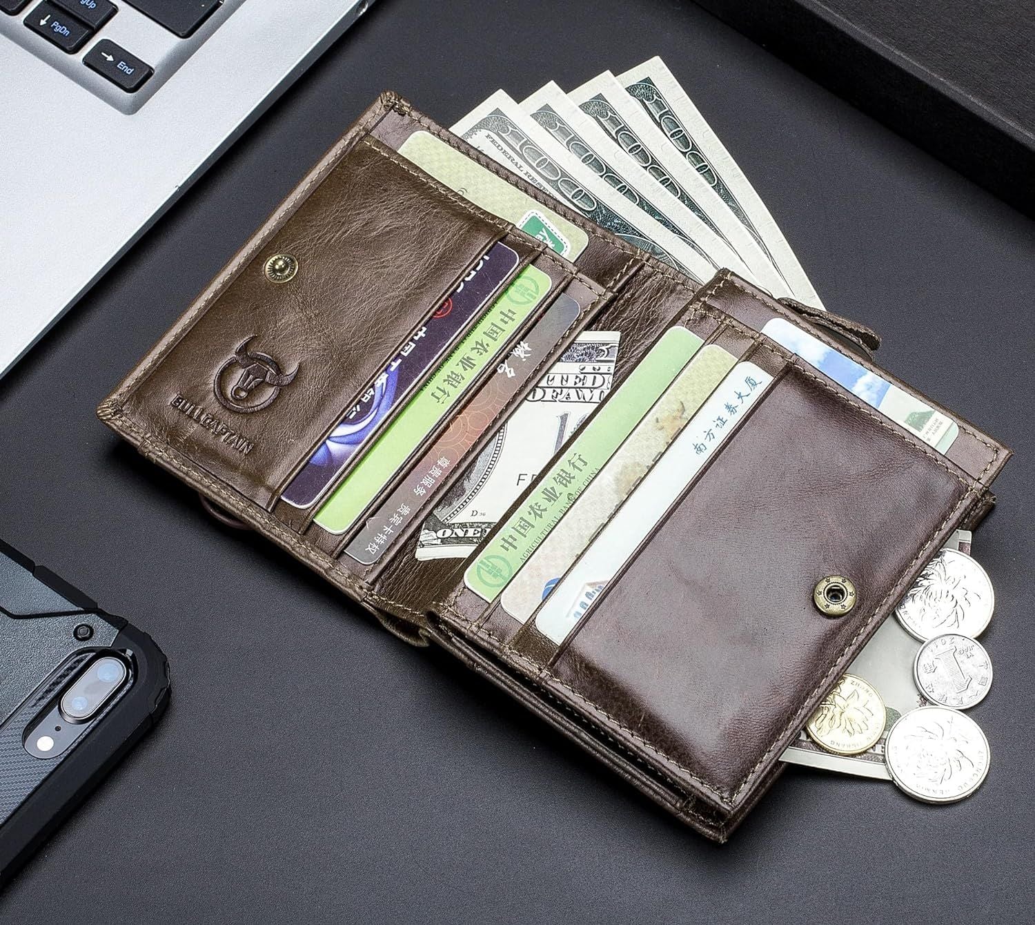 Men RFID Blocking Bifold Wallet Leather Card Holder with 15 Card Slots Coffee with Zipper