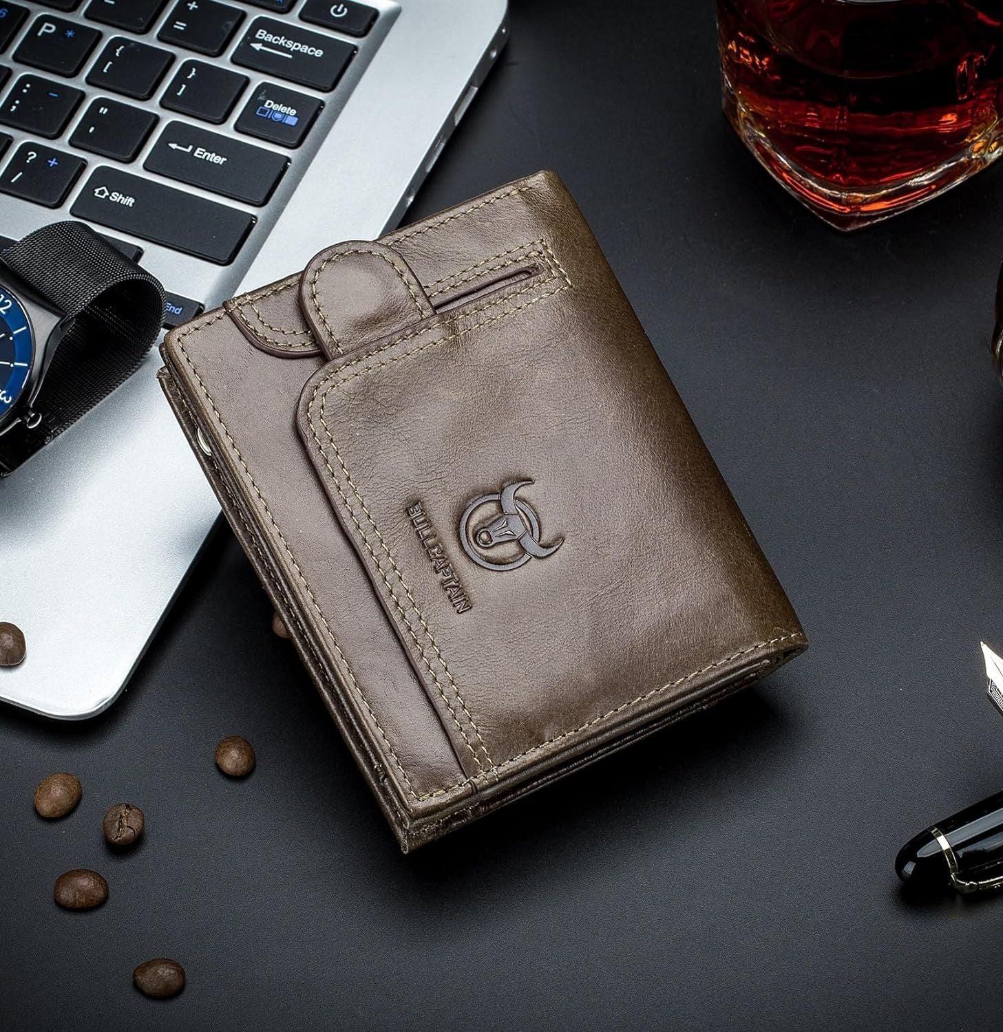Men RFID Blocking Bifold Wallet Leather Card Holder with 15 Card Slots Coffee with Zipper