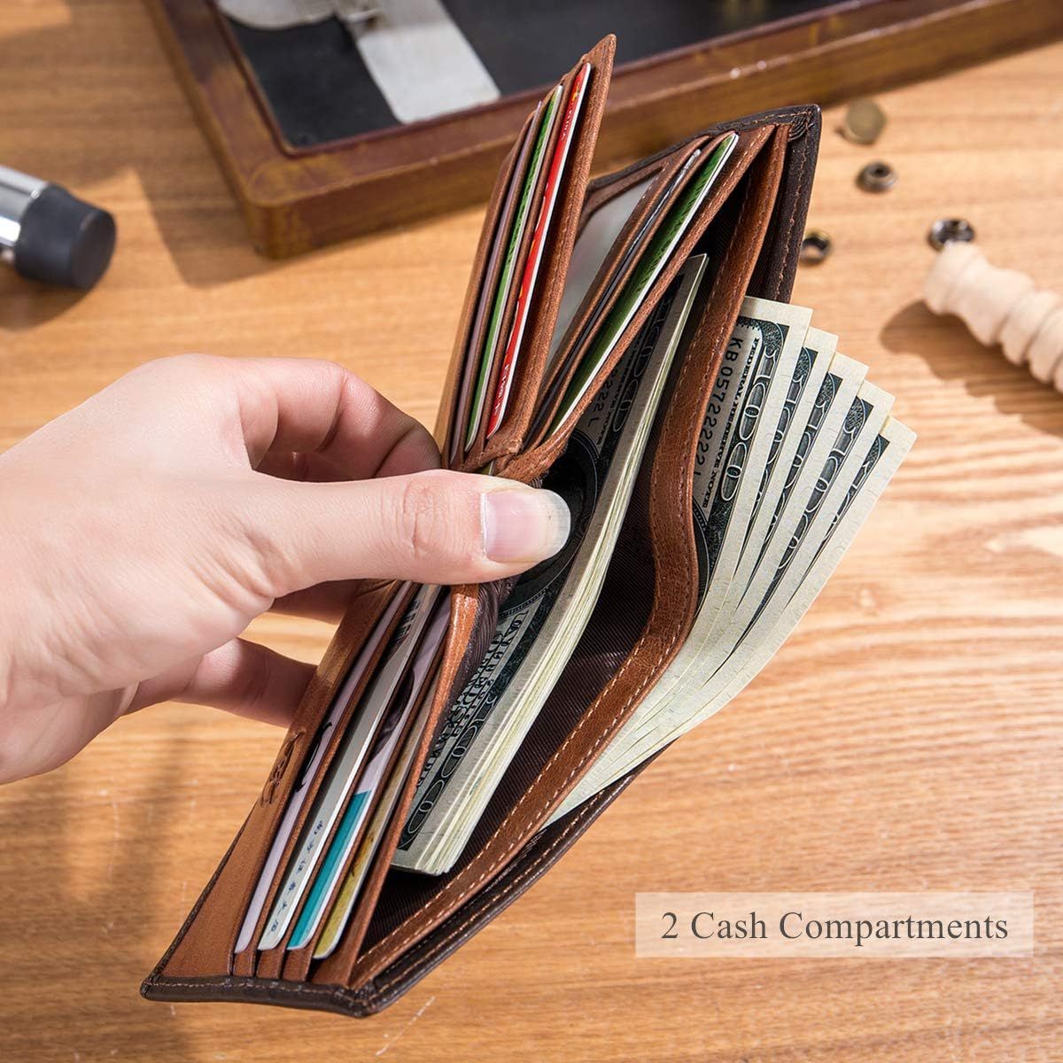 Men's RFID Wallets Slim Bifold Genuine Leather Front Pocket Wallet Brown
