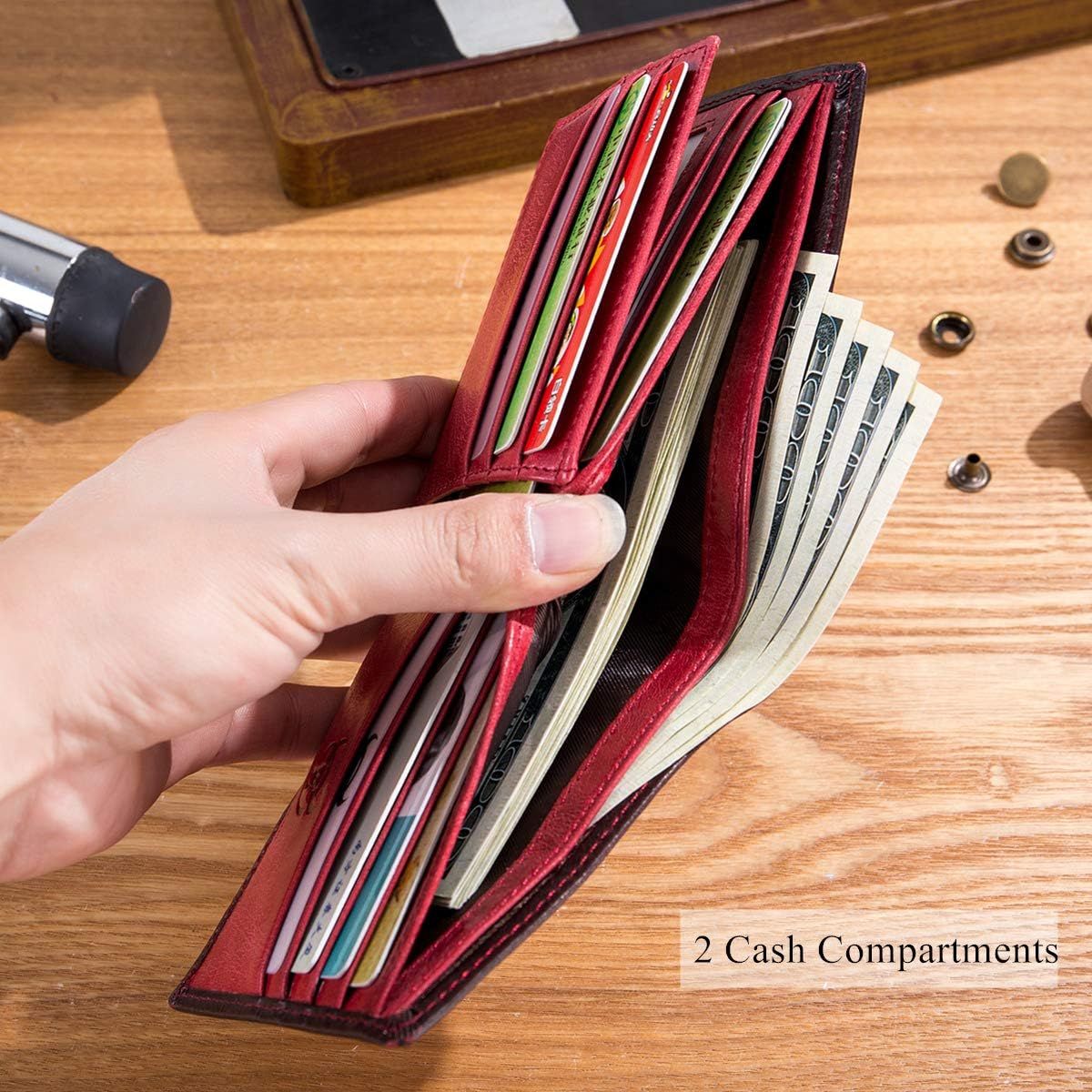Men's RFID Wallets Slim Bifold Genuine Leather Front Pocket Wallet Red