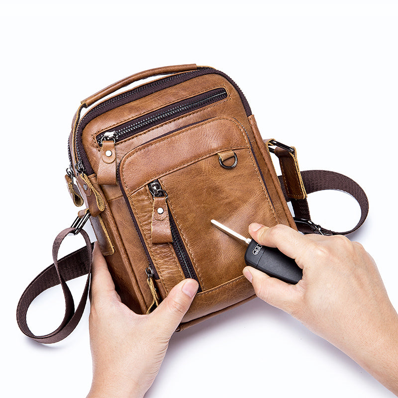 Men Shoulder Bag Leather Shoulder Vintage Casual Leather Business Bag Brown