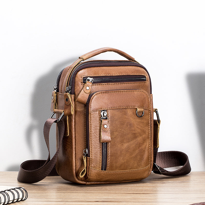 Men Shoulder Bag Leather Shoulder Vintage Casual Leather Business Bag Brown