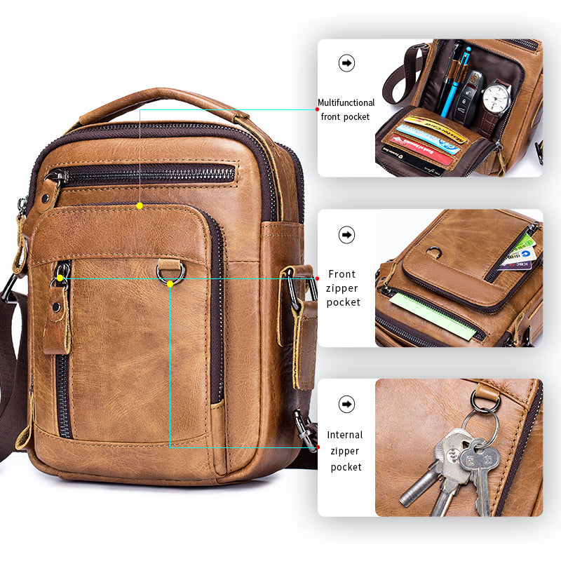 Men Shoulder Bag Leather Shoulder Vintage Casual Leather Business Bag Brown