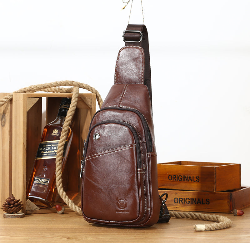 Men Sling Crossbody Bag Leather Shoulder Chest Outdoor Casual Pack Brown