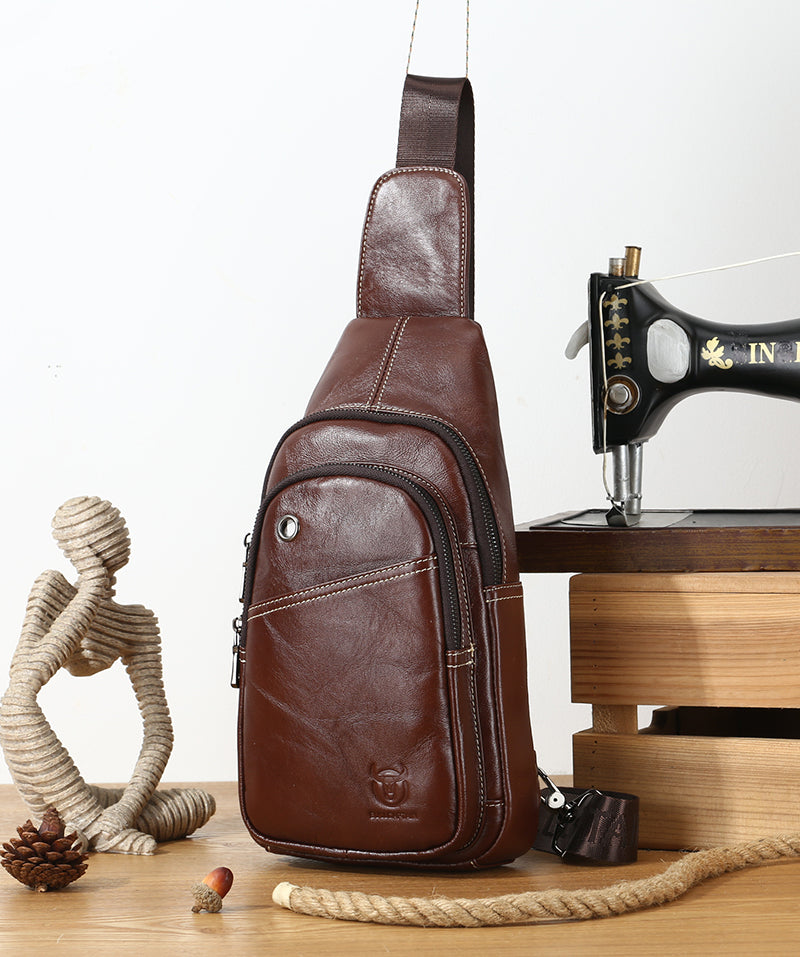 Men Sling Crossbody Bag Leather Shoulder Chest Outdoor Casual Pack Brown