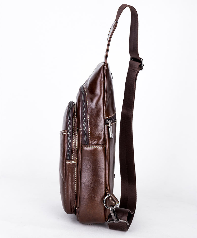 Men Sling Crossbody Bag Leather Shoulder Chest Outdoor Casual Pack Brown