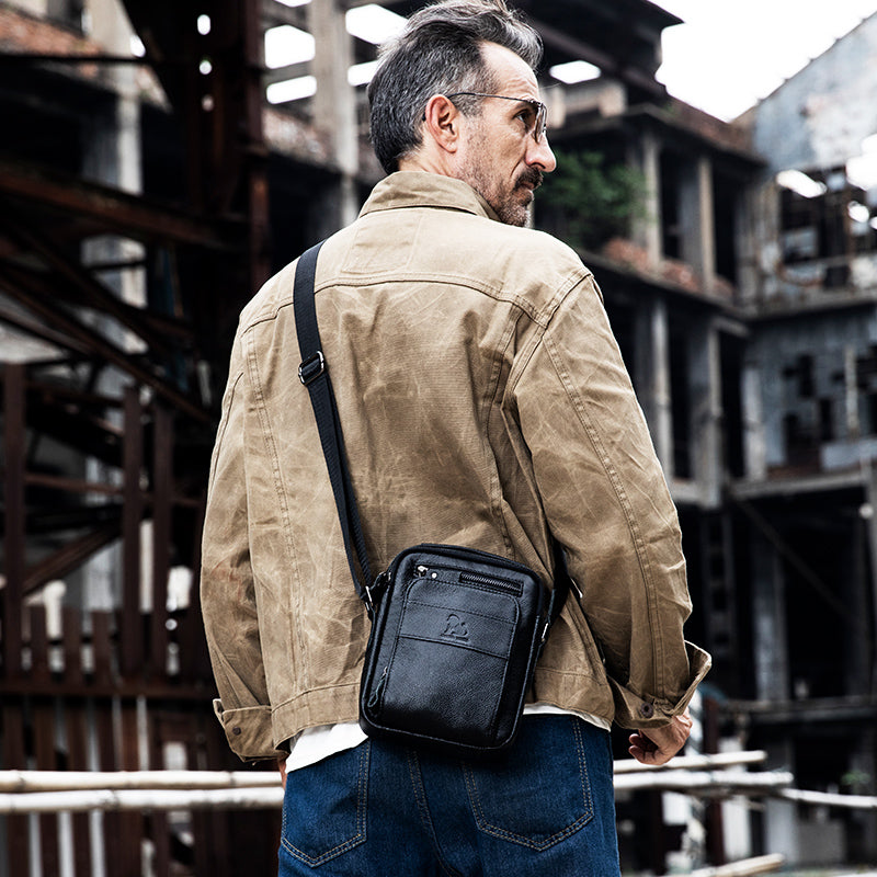 Men Small Leather Shoulder Bag Messenger Crossbody Pack Sling Bag Black