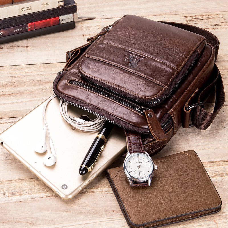 Men Small Leather Shoulder Bag Messenger Crossbody Pack Sling Bag Coffee