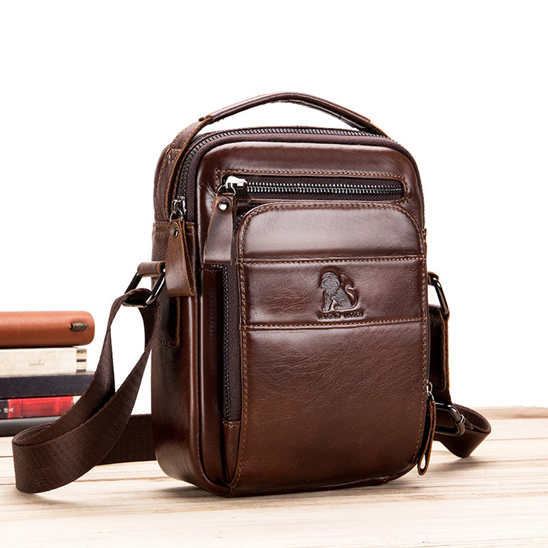 Men Small Leather Shoulder Bag Messenger Crossbody Pack Sling Bag Coffee