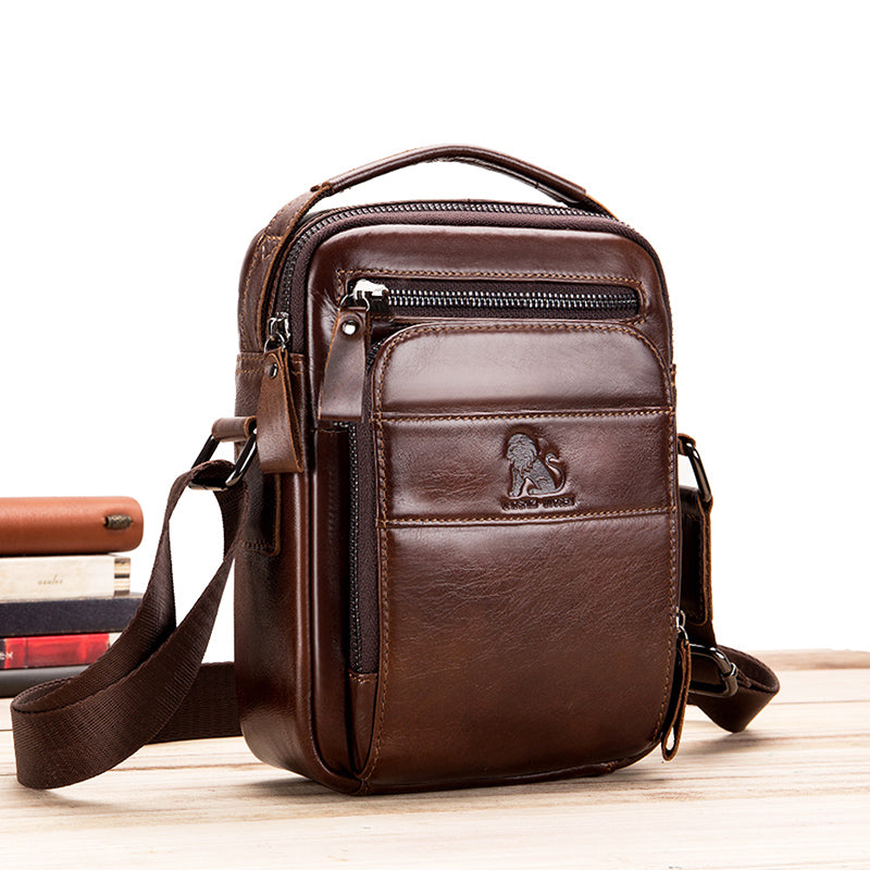 Men Small Leather Shoulder Bag Messenger Crossbody Pack Sling Bag Coffee