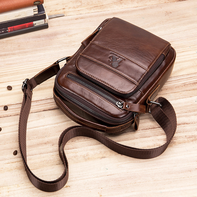 Men Small Leather Shoulder Bag Messenger Crossbody Pack Sling Bag Coffee