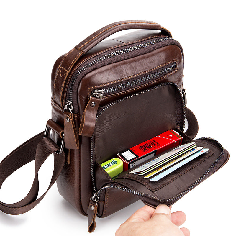 Men Small Leather Shoulder Bag Messenger Crossbody Pack Sling Bag Coffee