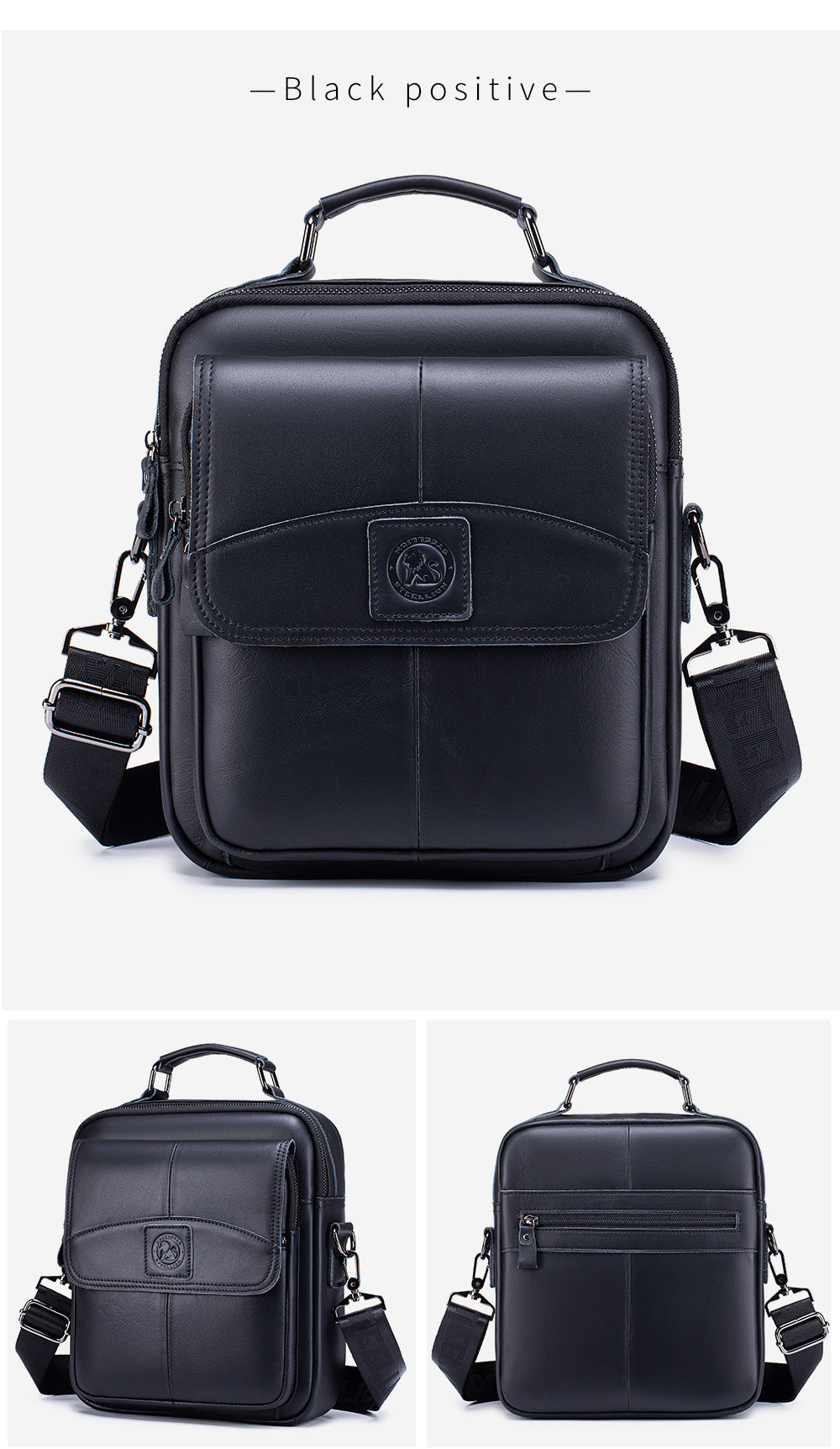Men Small Leather Shoulder Bag Messenger Crossbody Travel Work Bag Black