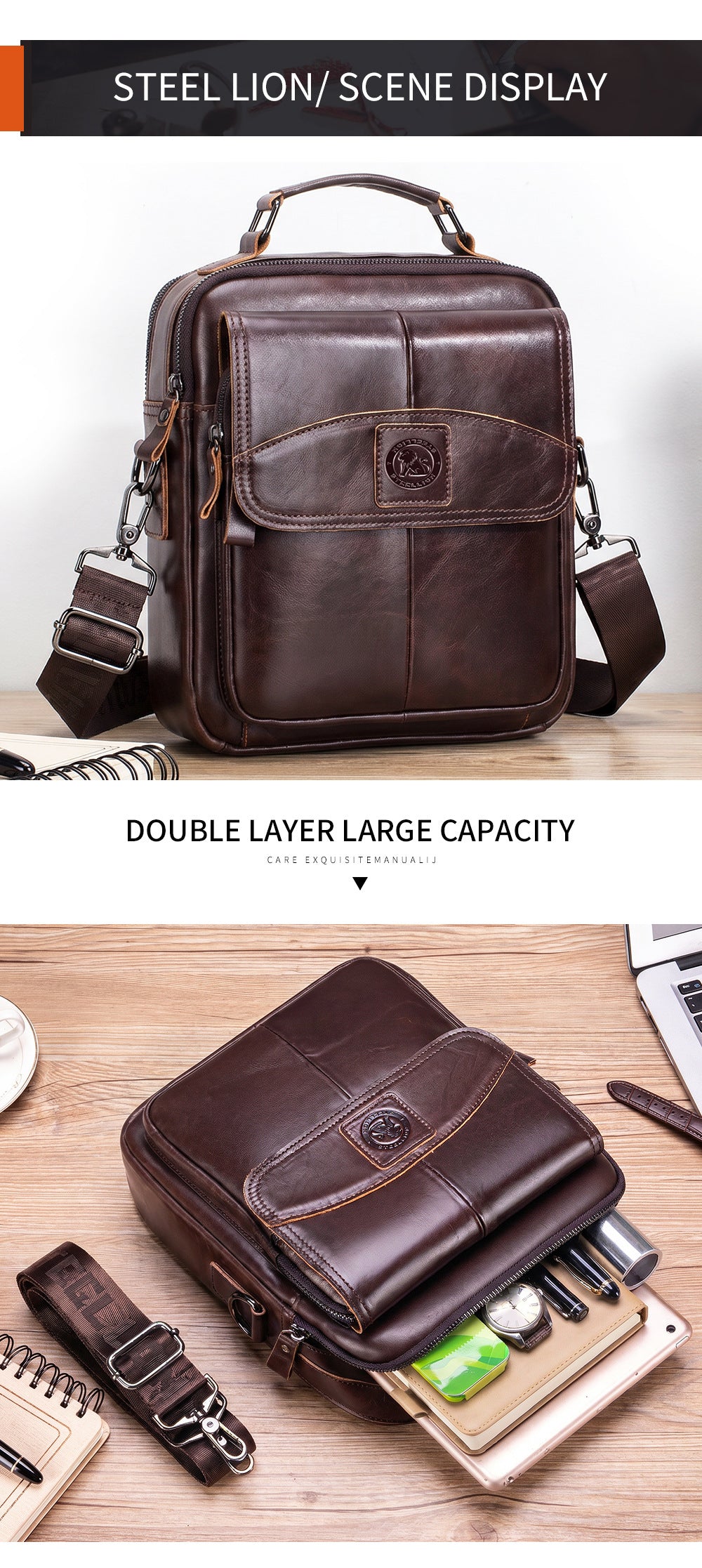 Men Small Leather Shoulder Bag Messenger Crossbody Travel Work Bag Coffee