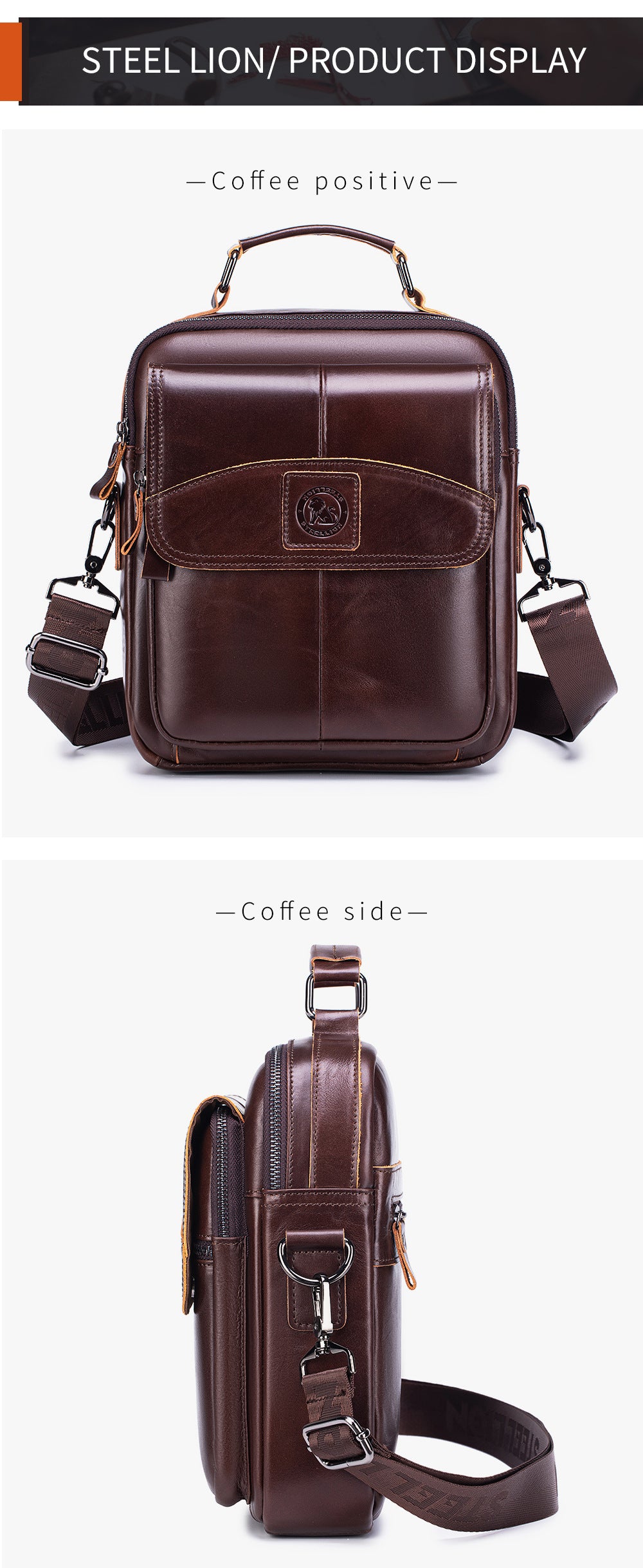 Men Small Leather Shoulder Bag Messenger Crossbody Travel Work Bag Coffee