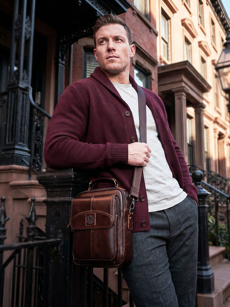 Men Small Leather Shoulder Bag Messenger Crossbody Travel Work Bag Coffee