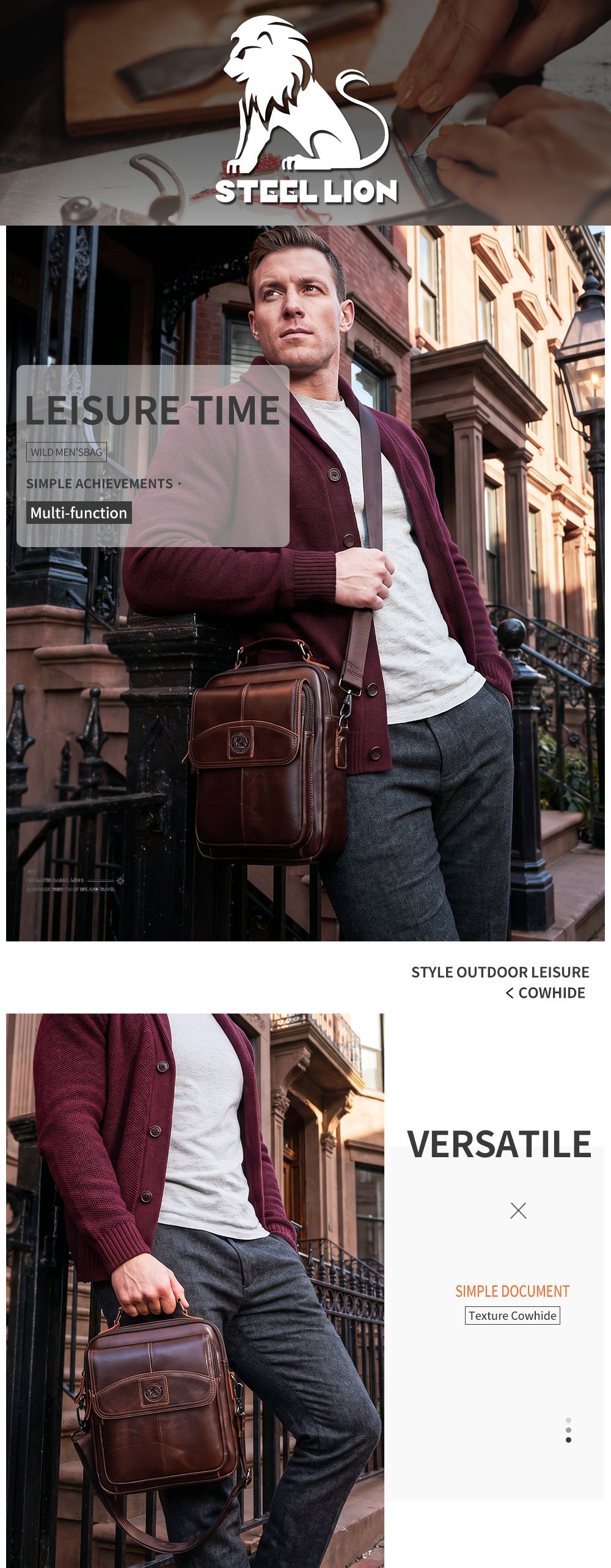 Men Small Leather Shoulder Bag Messenger Crossbody Travel Work Bag Coffee