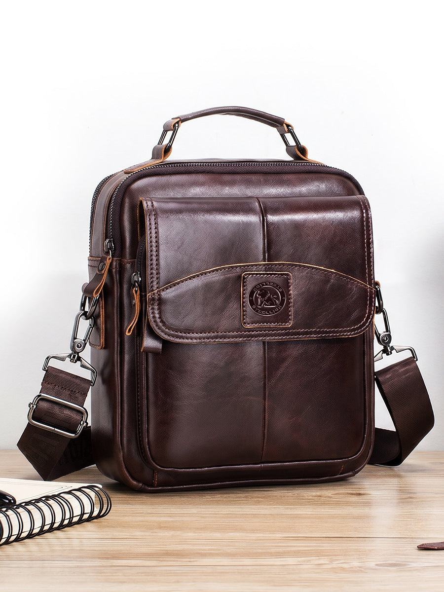 Men Small Leather Shoulder Bag Messenger Crossbody Travel Work Bag Coffee