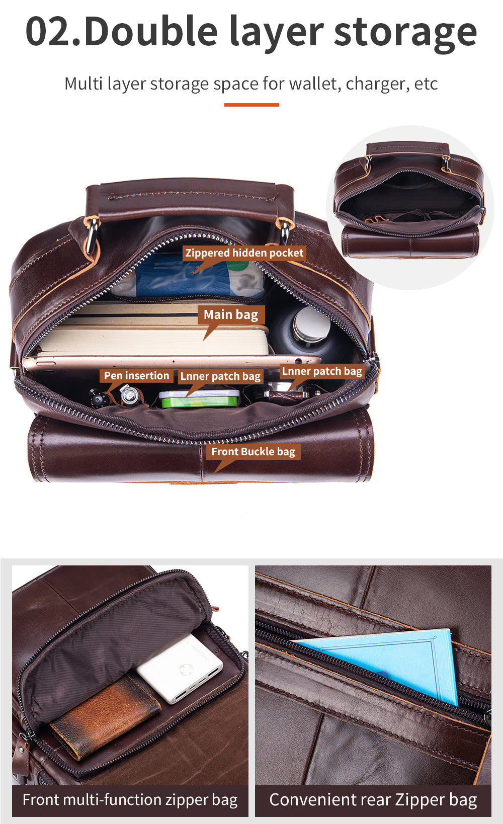 Men Small Leather Shoulder Bag Messenger Crossbody Travel Work Bag Coffee