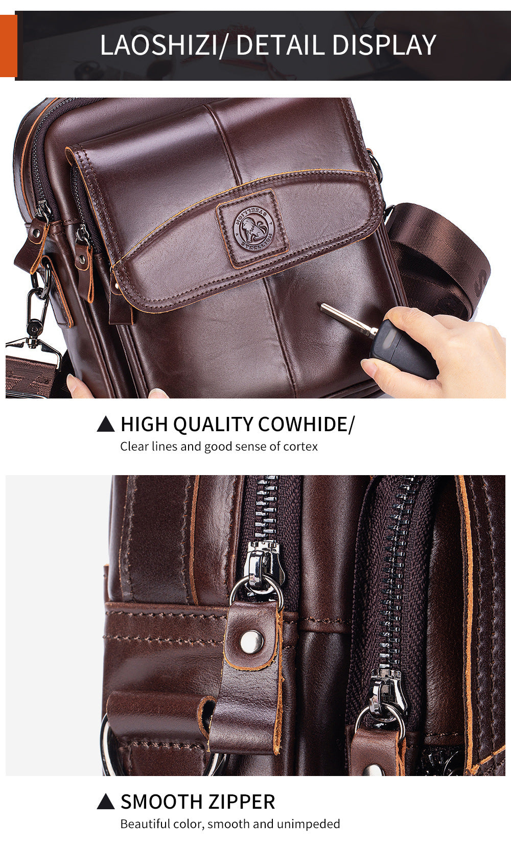 Men Small Leather Shoulder Bag Messenger Crossbody Travel Work Bag Coffee