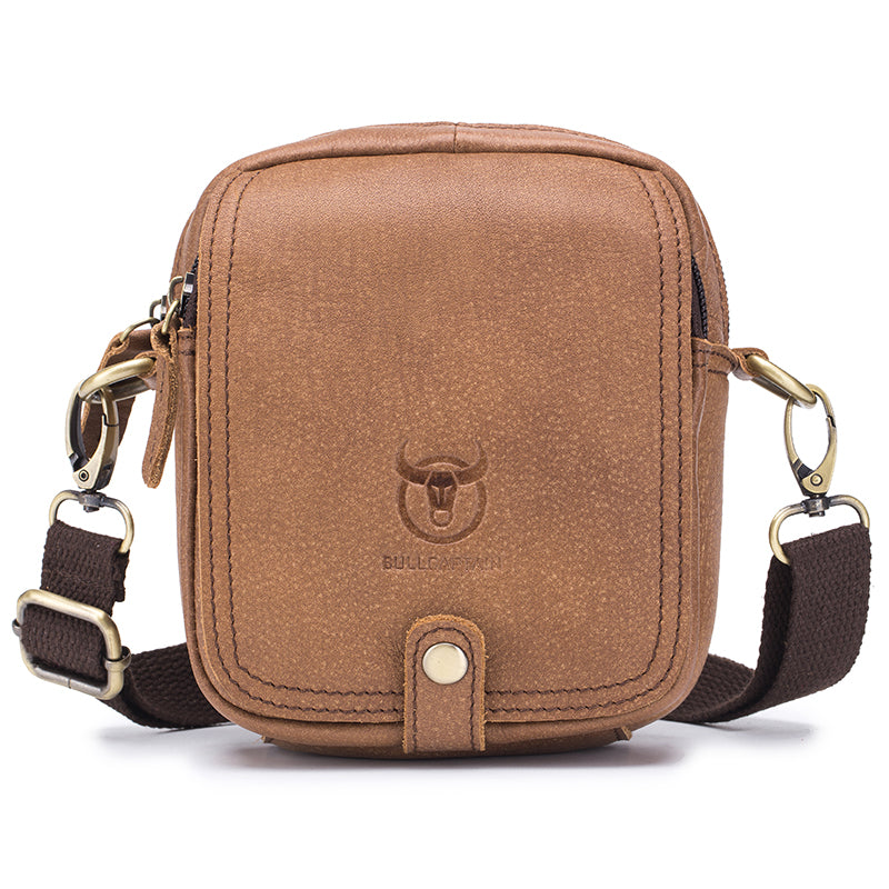 Men's Small Shoulder Genuine Leather Bag Cell Phone Belt Waist Bag Brown