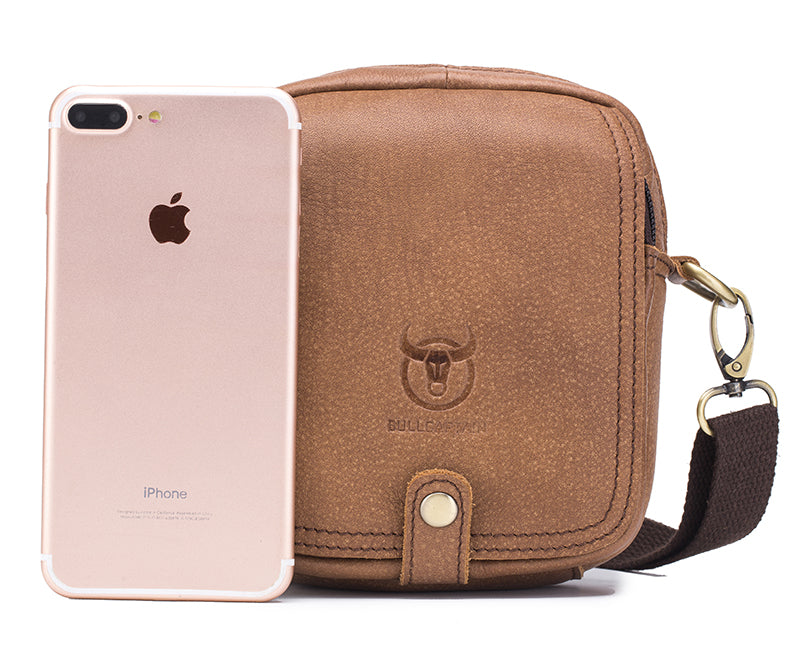 Men's Small Shoulder Genuine Leather Bag Cell Phone Belt Waist Bag Brown