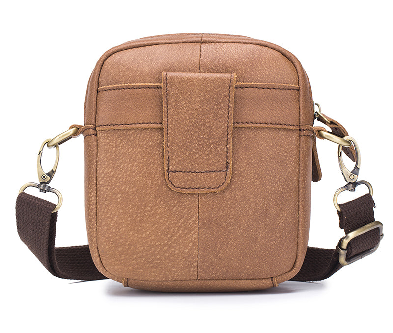 Men Small Shoulder Genuine Leather Bag Cell Phone Belt Waist Bag Brown