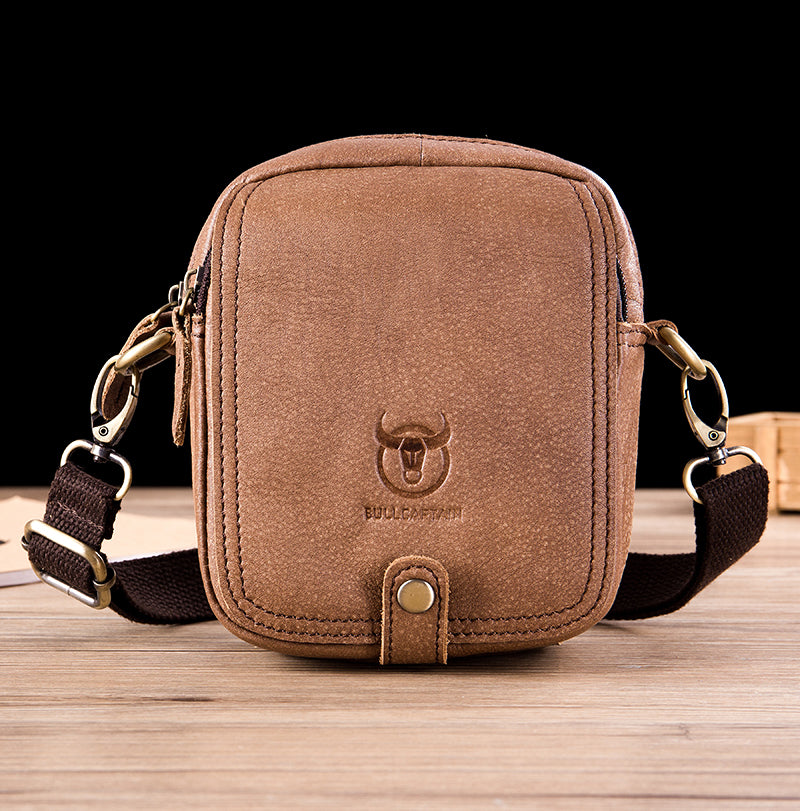 Men Small Shoulder Genuine Leather Bag Cell Phone Belt Waist Bag Brown