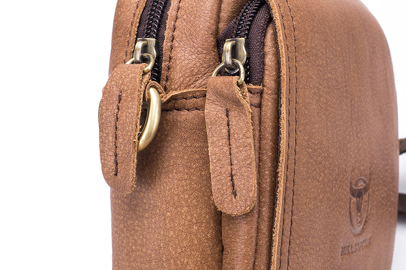 Men Small Shoulder Genuine Leather Bag Cell Phone Belt Waist Bag Brown