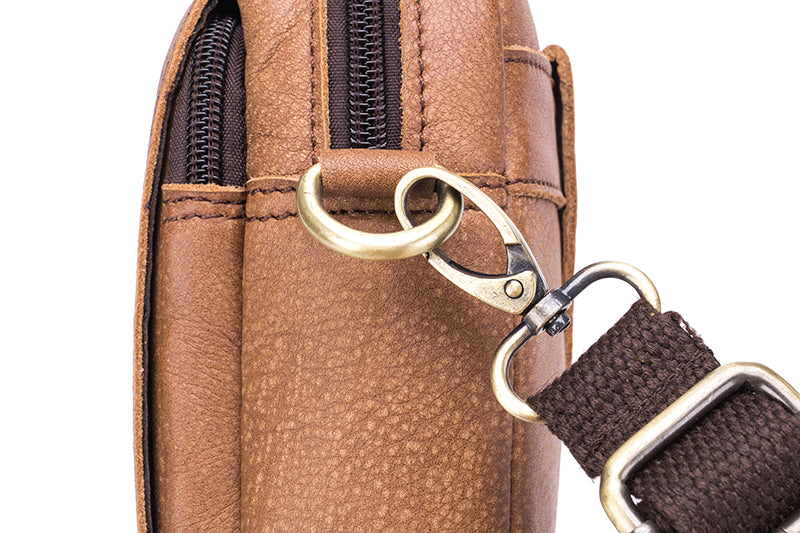 Men Small Shoulder Genuine Leather Bag Cell Phone Belt Waist Bag Brown