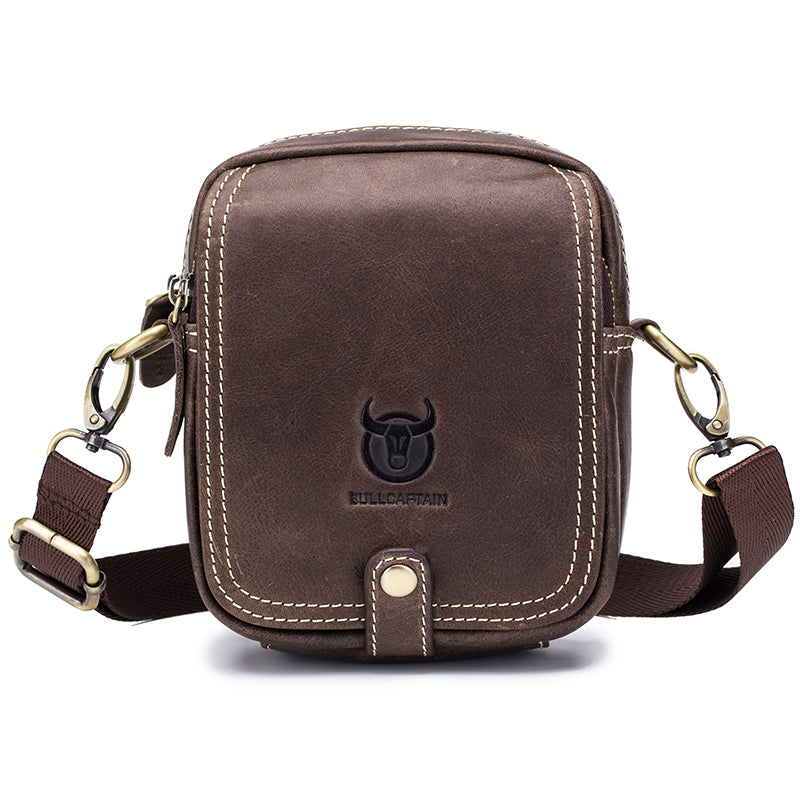Men Small Shoulder Genuine Leather Bag Cell Phone Belt Waist Bag Coffee