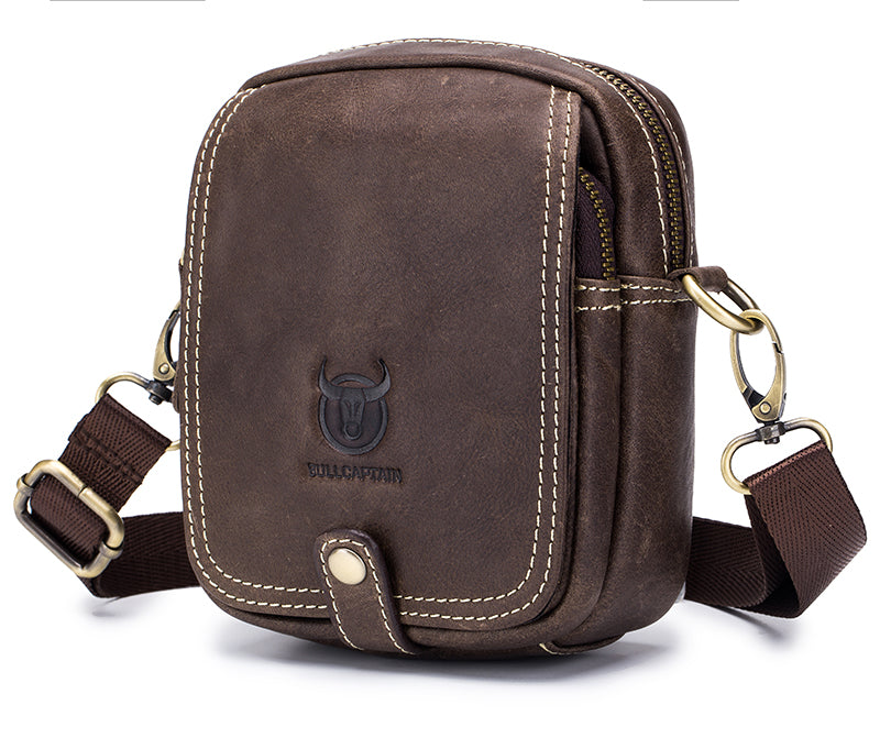 Men Small Shoulder Genuine Leather Bag Cell Phone Belt Waist Bag Coffee