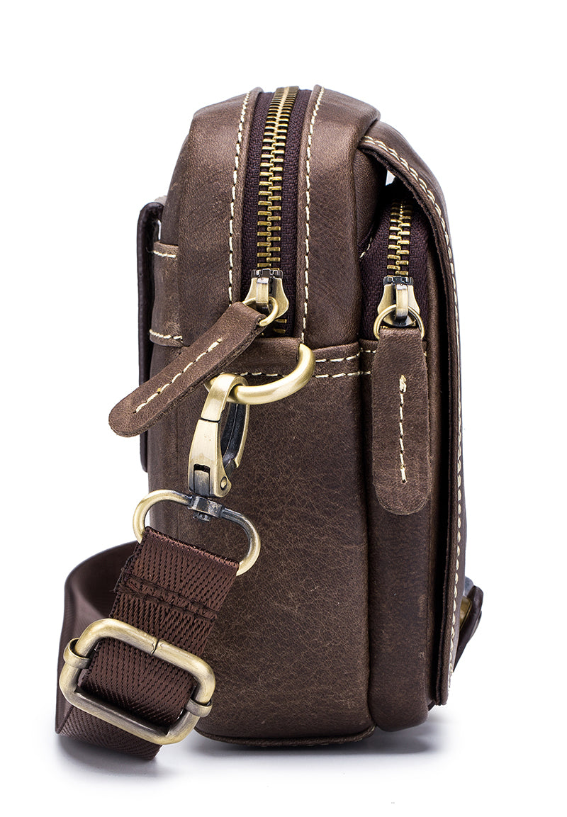 Men Small Shoulder Genuine Leather Bag Cell Phone Belt Waist Bag Coffee