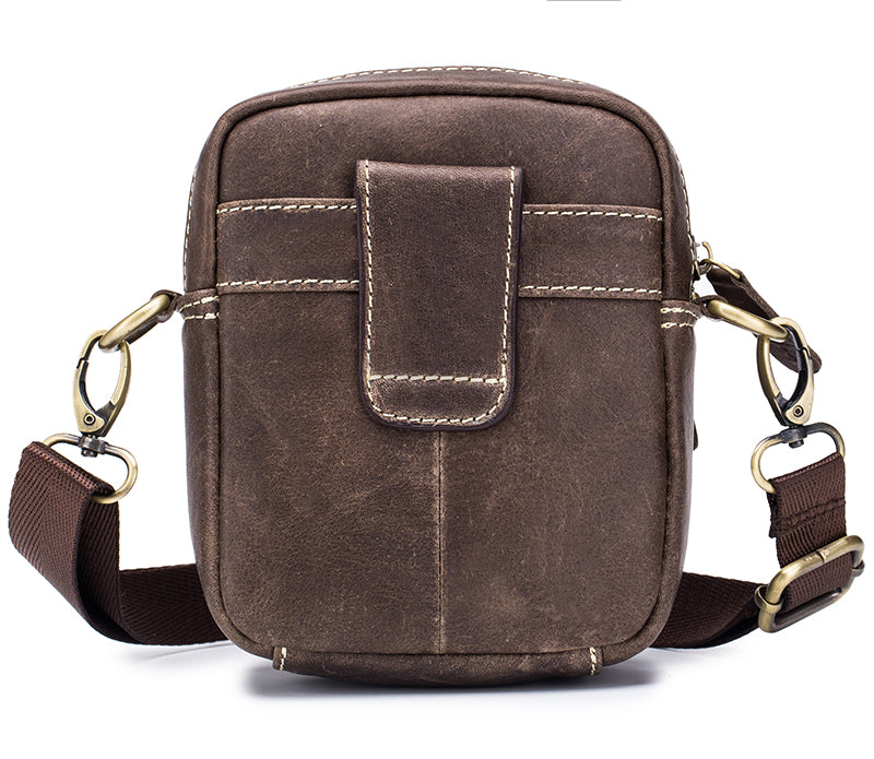 Men Small Shoulder Genuine Leather Bag Cell Phone Belt Waist Bag Coffee