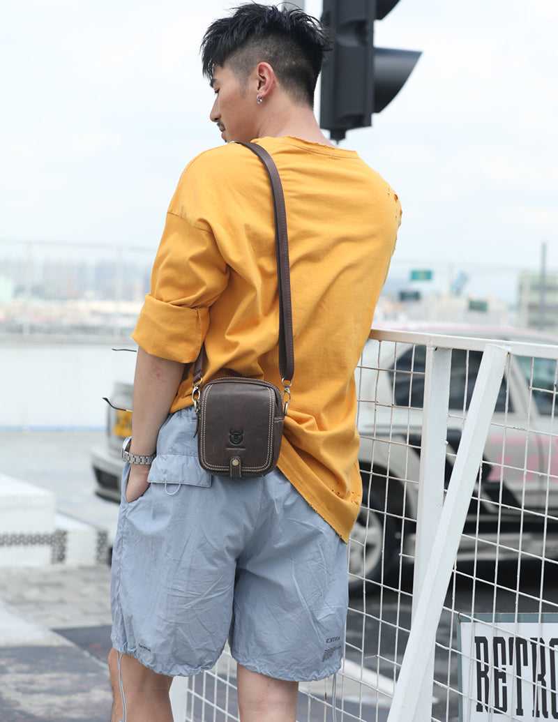 Men Small Shoulder Genuine Leather Bag Cell Phone Belt Waist Bag Coffee