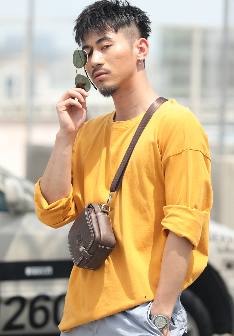 Men Small Shoulder Genuine Leather Bag Cell Phone Belt Waist Bag Coffee