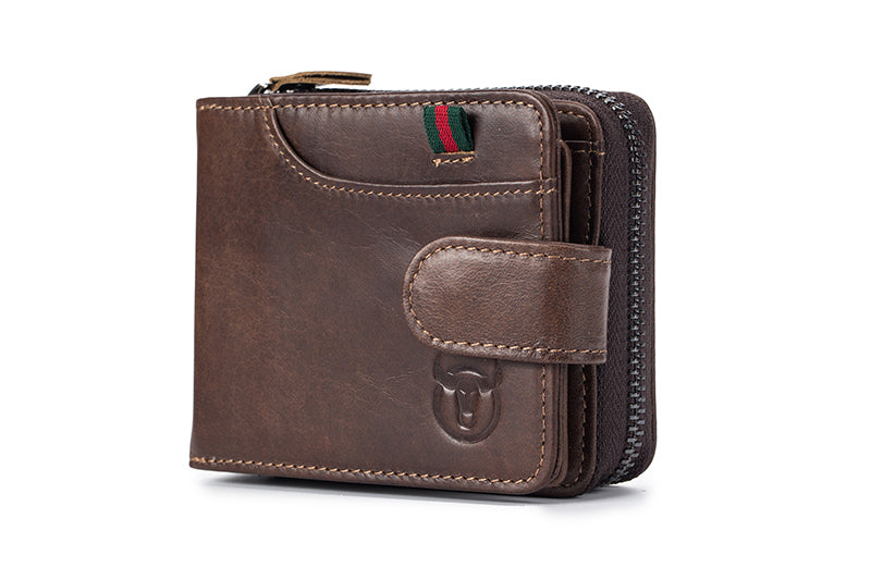 Men Small Wallets RFID Blocking Leather Zipper Coin Pocket Wallet Coffee TRANSVERSE