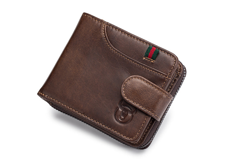 Men Small Wallets RFID Blocking Leather Zipper Coin Pocket Wallet Coffee TRANSVERSE