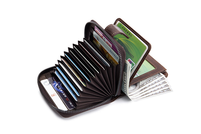 Men Small Wallets RFID Blocking Leather Zipper Coin Pocket Wallet Coffee TRANSVERSE
