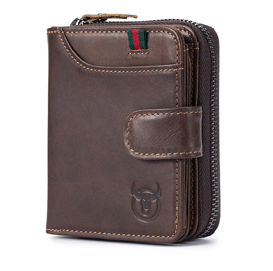 Men Small Wallets RFID Blocking Leather Zipper Coin Pocket Wallet Coffee VERTICAL