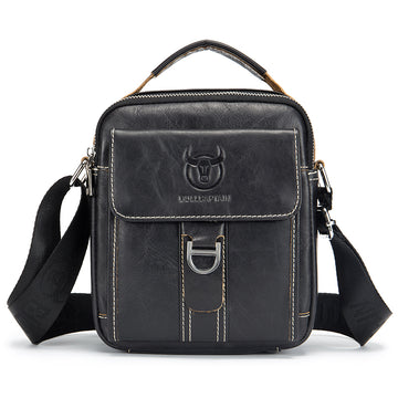 Men Soft Leather Zipper Small Shoulder Messenger Business Vintage Bag Black