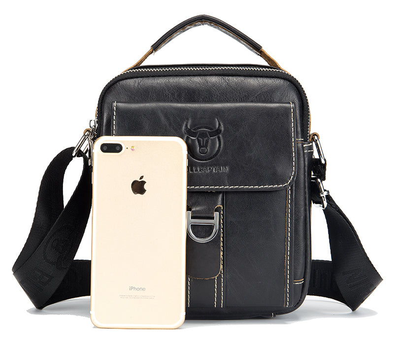 Men Soft Leather Zipper Small Shoulder Messenger Business Vintage Bag Black