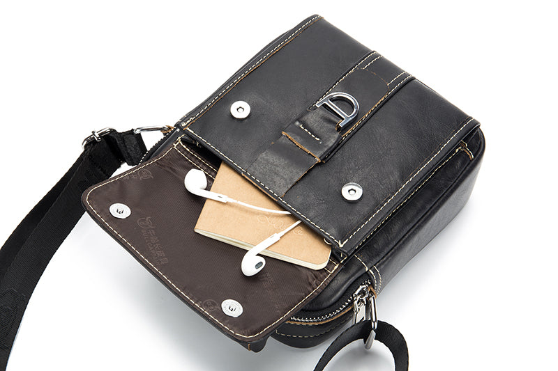 Men Soft Leather Zipper Small Shoulder Messenger Business Vintage Bag Black