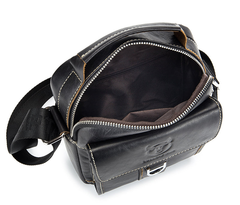 Men Soft Leather Zipper Small Shoulder Messenger Business Vintage Bag Black