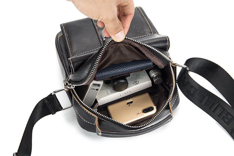 Men Soft Leather Zipper Small Shoulder Messenger Business Vintage Bag Black