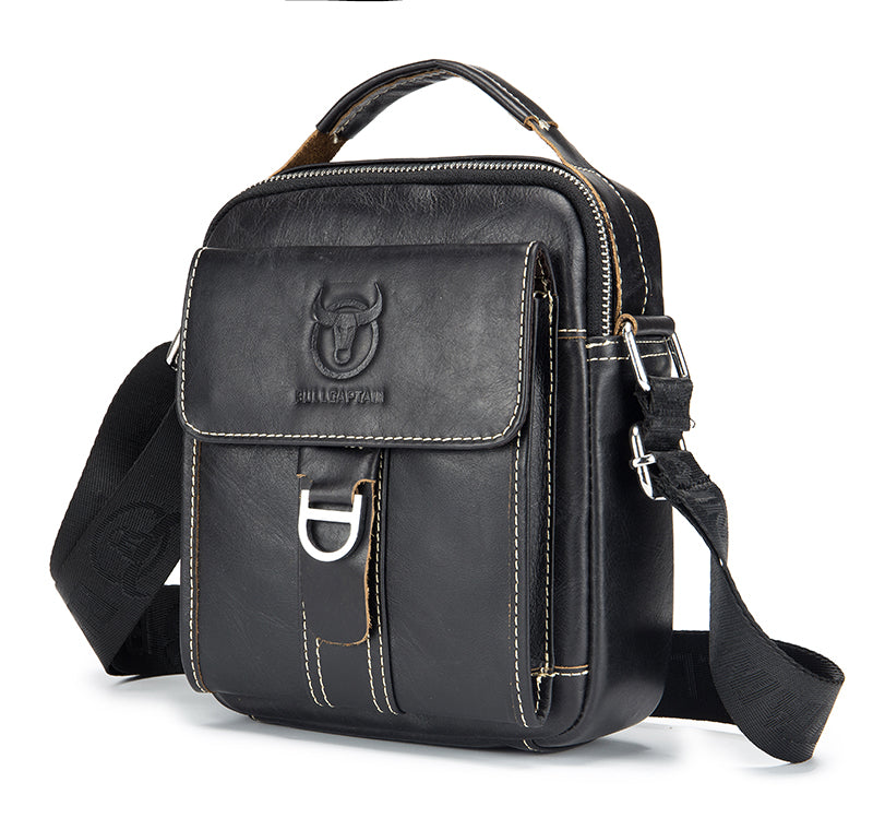 Men Soft Leather Zipper Small Shoulder Messenger Business Vintage Bag Black